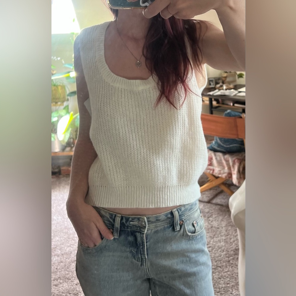 White Sweater thin Knit Tank Top cottage core boho relaxed soft
